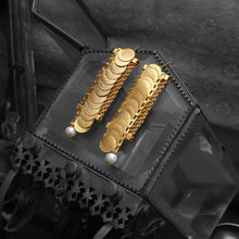 Load image into Gallery viewer, Gold coin motif linear earrings with pearls