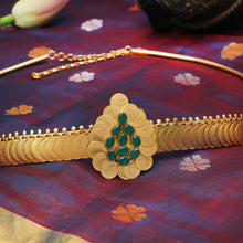 Load image into Gallery viewer, Gold coin layered belt with emerald, green crystals
