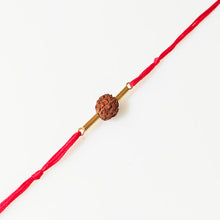 Load image into Gallery viewer, Rudraksha Rakhi with red thread and gold pipe beads