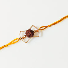 Load image into Gallery viewer, Rudraksha Rakhi with yellow thread and gold frame