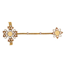 Load image into Gallery viewer, Gold Hathphool with coin and floral design crystals worn by NIDHHI AGERWAL