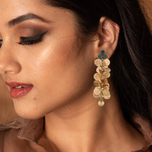 Load image into Gallery viewer, Gold coin cluster earrings with green crystals