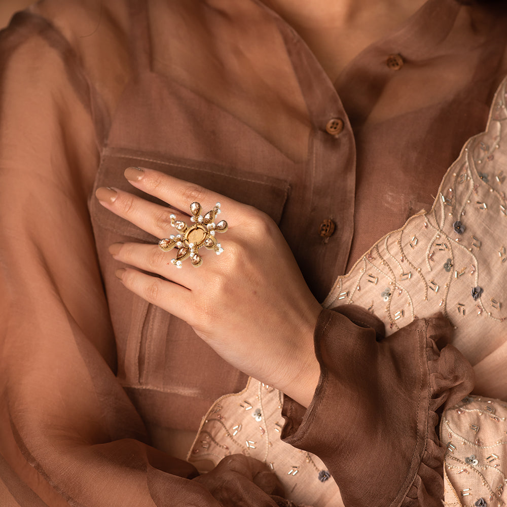 Golden sun ring with crystals and coin center – Suhani Pittie