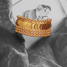 Load image into Gallery viewer, Gold coin overlay bracelet cuff with ball link embellishment