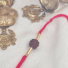 Load image into Gallery viewer, Rudraksha Rakhi with red thread and gold pipe beads