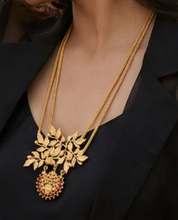 Load image into Gallery viewer, Gold Two-Strand Long Necklace with Serrated Leaves & Chandra Pendant