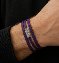 Load image into Gallery viewer, Minimalist stamped motif rakhi in silver with purple cord