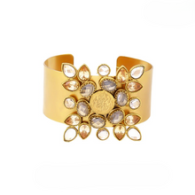 Load image into Gallery viewer, Gold Snowflake cuff with coin and crystals