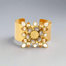 Load image into Gallery viewer, Gold Snowflake cuff with coin and crystals