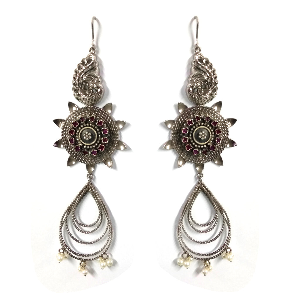 Oxidized Silver Peacock & Sun Drop Earrings with Pink Crystals