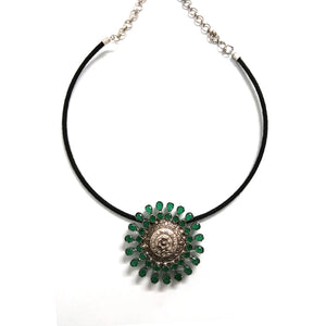 Oxidized Silver Collar Necklace with Green Crystal Pendant