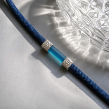 Load image into Gallery viewer, Acrylic and Stamped Silver Navy Blue Flat Cord Rakhi