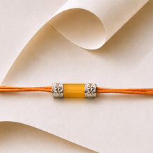 Load image into Gallery viewer, Acrylic and Stamped Silver Yellow Thread Rakhi