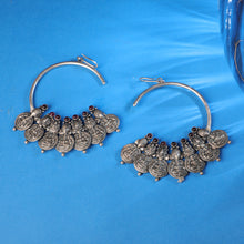 Load image into Gallery viewer, Oxidised Silver Coin Half Bali Earrings with Red Crystals Worn By Shilpa Shetty