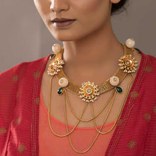 Load image into Gallery viewer, Gold Toned Flat Chain Necklace with Pearl Bead & Circle Pendants worn by Vindhya Vishaka