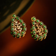 Load image into Gallery viewer, Gold Drop Foliage Earrings with Green Crystals