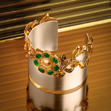Load image into Gallery viewer, Silver & Gold Broad Foliage Cuff with Green Crystals