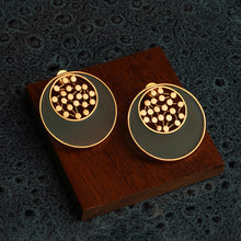 Load image into Gallery viewer, GOLD TONED CYAN ACRYLIC TANGENT STUDS WITH INLAID DOTTED CIRCLES
