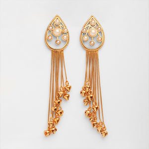 GOLD PLATED CLUSTER PEARLS & AC DROP EARRING WITH TASSEL CHAIN GHUNGROO