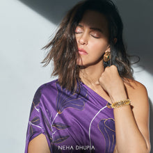 Load image into Gallery viewer, GOLD PLATED SERRATE EARRING with green crystal worn by Neha Dhupia