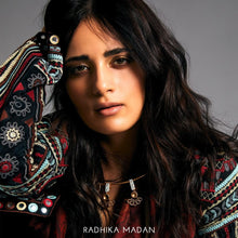 Load image into Gallery viewer, GOLD TONED COLLAR NECKLACE WITH AQUA ENAMEL CHARMS & CRESTS worn by Radhika Madan