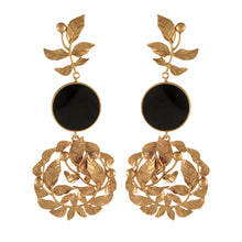 Load image into Gallery viewer, GOLD PLATED SERRATE LEAVES & BLACK AC COIN LONG EARRING WORN BY TAMMANA BHATIA