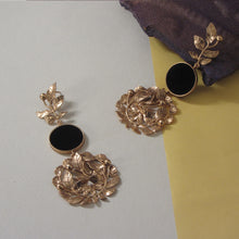 Load image into Gallery viewer, GOLD PLATED SERRATE LEAVES & BLACK AC COIN LONG EARRING WORN BY TAMMANA BHATIA