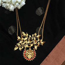 Load image into Gallery viewer, Gold Two-Strand Long Necklace with Serrated Leaves & Chandra Pendant