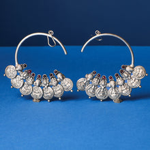 Load image into Gallery viewer, Oxidised Silver Coin Half Bali Earrings with Red Crystals Worn By Shilpa Shetty