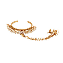Load image into Gallery viewer, GOLD PLATED WIRE PEARLS HAATH PHOOL WITH 2LINE WRAP WIRE PEARL RING