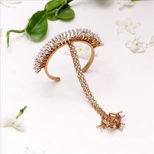 Load image into Gallery viewer, GOLD PLATED WIRE PEARLS HAATH PHOOL WITH 2LINE WRAP WIRE PEARL RING