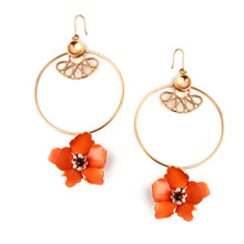 Load image into Gallery viewer, GOLD TONED CIRCULAR DROP EARRINGS WITH VIVID ORANGE LILY & CREST DETAIL