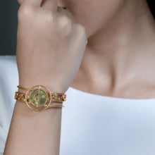 Load image into Gallery viewer, GOLD TONED TRIPLE LINED DOTTED CUFF WITH CHARTREUSE ACRYLIC CIRCLE