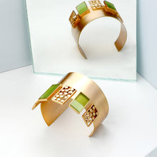 Load image into Gallery viewer, GOLD TONED CUFF WITH CHARTREUSE ACRYLIC & DOTTED BLOCKS