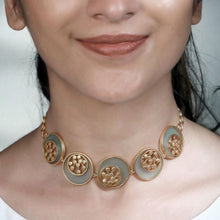Load image into Gallery viewer, GOLD TONED CYAN ACRYLIC TANGENT CHOKER WITH INLAID DOTTED CIRCLES