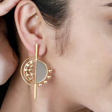 Load image into Gallery viewer, GOLD TONED SPLIT CIRCULAR STUDS WITH CYAN ACRYLIC &amp; DOTTED DETAIL
