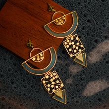 Load image into Gallery viewer, GOLD TONED SEMI-CIRCULAR DROP EARRINGS WITH CYAN ACRYLIC ARC & DOTTED COIL DETAILS