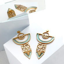 Load image into Gallery viewer, GOLD TONED SEMI-CIRCULAR DROP EARRINGS WITH CYAN ACRYLIC ARC & DOTTED COIL DETAILS