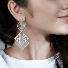 Load image into Gallery viewer, SILVER TONED CYAN ACRYLIC RHOMBUS DROP EARRINGS WITH SPLIT DOTTED DETAIL