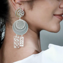 Load image into Gallery viewer, SILVER TONED CYAN ACRYLIC CIRCULAR DROP EARRINGS WITH DOTTED BLOCK CHARMS