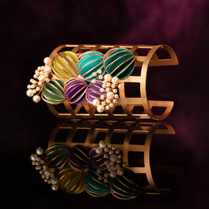 Gold Plated Chequered Cuff with Sea Corals and Pearls