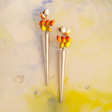 Load image into Gallery viewer, Limited Edition Coloured Drop Leaf and Cone earring (Orange & Yellow)