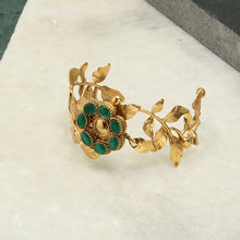 Load image into Gallery viewer, gold-rose-vine-cuff-with-green-crystals-worn-by-priyamani