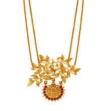 Load image into Gallery viewer, Gold Two-Strand Long Necklace with Serrated Leaves & Chandra Pendant