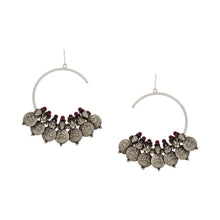 Load image into Gallery viewer, Oxidised Silver Coin Half Bali Earrings with Red Crystals Worn By Shilpa Shetty
