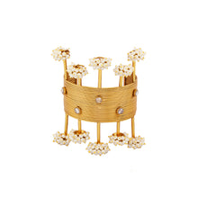 Load image into Gallery viewer, Gold Toned Lines Open Cuff with Pearl Clusters