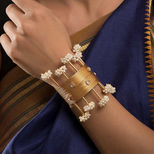 Load image into Gallery viewer, Gold Toned Lines Open Cuff with Pearl Clusters
