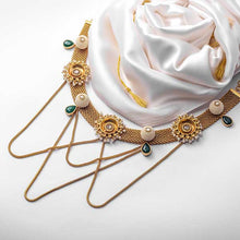 Load image into Gallery viewer, Gold Toned Flat Chain Necklace with Pearl Bead & Circle Pendants worn by Vindhya Vishaka