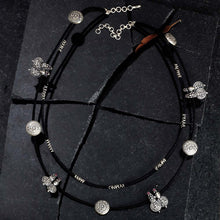 Load image into Gallery viewer, 92.5 SILVER 2 LINE BLACK CORD &amp; TWISTED WIRE NECKPIECE WITH ROUND STAMPS AND KASULAPERU COINS ON IT
