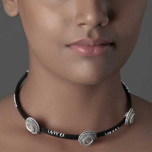 Load image into Gallery viewer, Sterling Silver & Black Cord Circles Choker Necklace